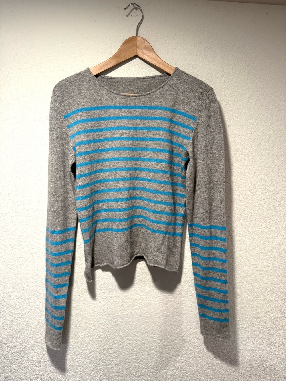 LUCIEN PELLAT-FINET Women's Gray and Blue Stripe Crewneck Cashmere Sweater